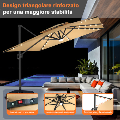 Patioslife Aegis Pro Ombrellone a Braccio con Luci LED, Struttura in Alluminio Rinforzato e Verniciato a Polvere — Ombrellone da Giardino e Patio per Esterni