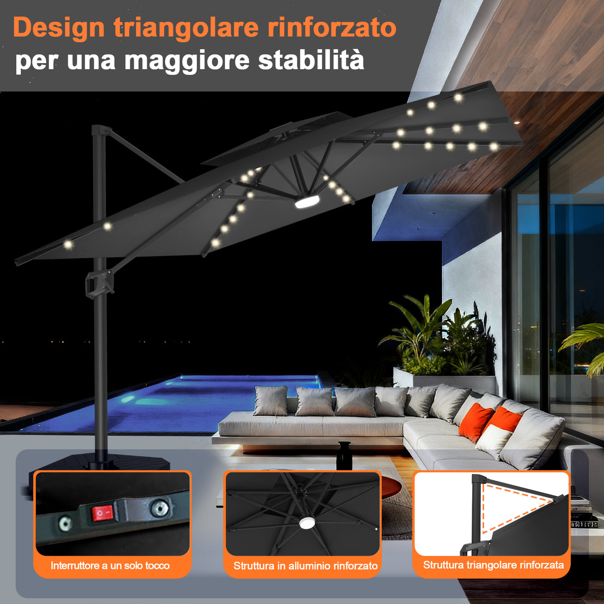 Patioslife Aegis Pro Ombrellone a Braccio con Luci LED, Struttura in Alluminio Rinforzato e Verniciato a Polvere — Ombrellone da Giardino e Patio per Esterni