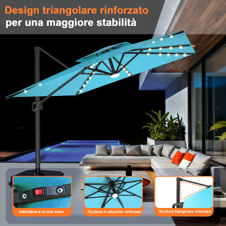 Patioslife Aegis Pro Ombrellone a Braccio con Luci LED, Struttura in Alluminio Rinforzato e Verniciato a Polvere — Ombrellone da Giardino e Patio per Esterni