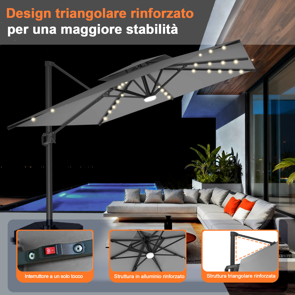 Patioslife Aegis Pro Ombrellone a Braccio con Luci LED, Struttura in Alluminio Rinforzato e Verniciato a Polvere — Ombrellone da Giardino e Patio per Esterni