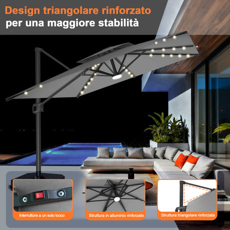 Patioslife Aegis Pro Ombrellone a Braccio con Luci LED, Struttura in Alluminio Rinforzato e Verniciato a Polvere — Ombrellone da Giardino e Patio per Esterni