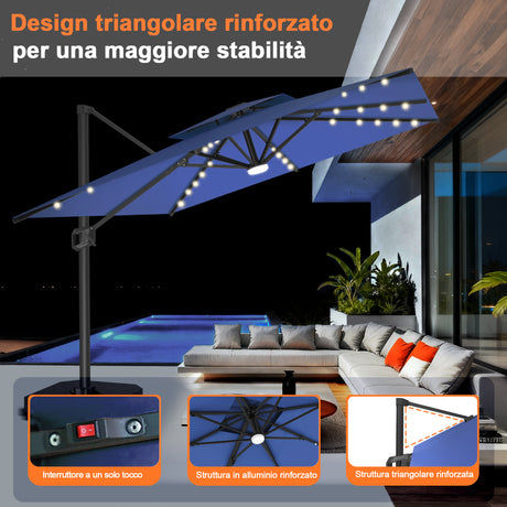 Patioslife Aegis Pro Ombrellone a Braccio con Luci LED, Struttura in Alluminio Rinforzato e Verniciato a Polvere — Ombrellone da Giardino e Patio per Esterni