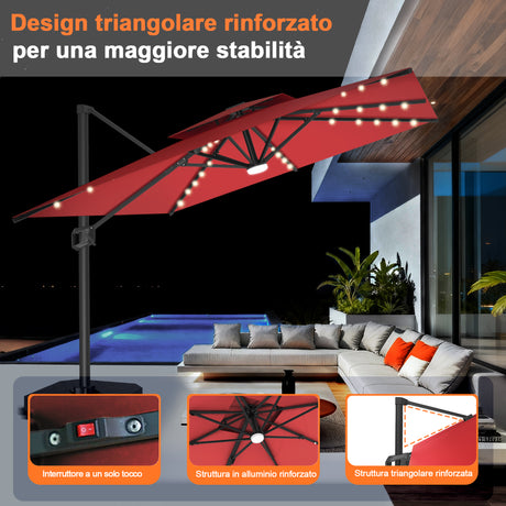 Patioslife Aegis Pro Ombrellone a Braccio con Luci LED, Struttura in Alluminio Rinforzato e Verniciato a Polvere — Ombrellone da Giardino e Patio per Esterni