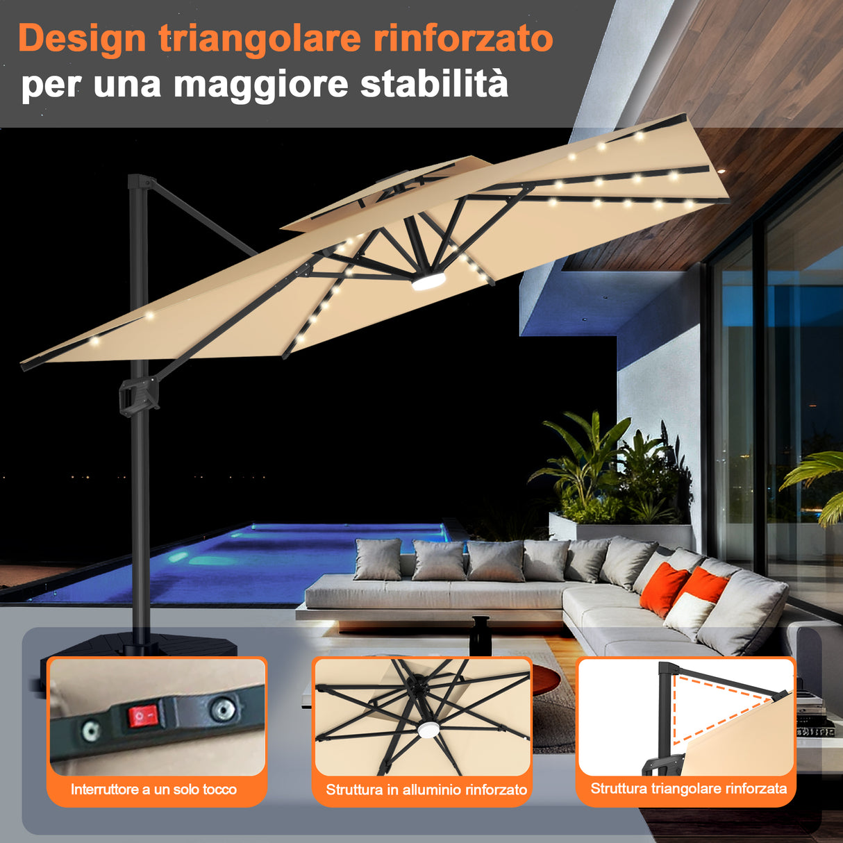 Patioslife Aegis Pro Ombrellone a Braccio con Luci LED, Struttura in Alluminio Rinforzato e Verniciato a Polvere — Ombrellone da Giardino e Patio per Esterni