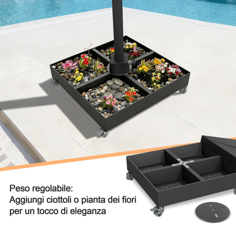 Base robusta per ombrello a braccio Patioslife con ruote bloccabili fino a 400 kg, supporto modulare decorativo, compatibile con la serie Aegis e la maggior parte degli ombrelli a sbalzo, ideale per terrazzi, giardini, prati e bordi piscina