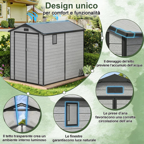 Patioslife YardVault Casetta da Giardino in Resina con Pavimento Impermeabile, Finestra e Porta con Serratura – Shed da Giardino Esterno, Protezione per Attrezzi e Giardino