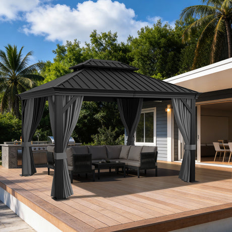 Patioslife Luxury Haven Pergola da Giardino in Alluminio con Tetto Doppio Ventilato, Colonne 120×120 mm, Grondaie e Tende – Ideale per Cortile e Giardino