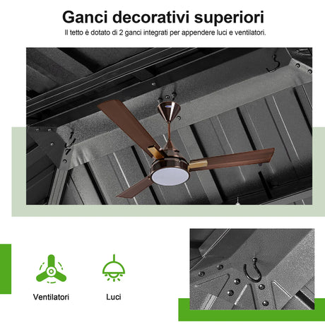 Patioslife Luxury Haven Gazebo da Giardino in Alluminio con Tetto Doppio Ventilato, Grondaie per il Draining, Colonne da 120×120 mm e Tende – Gazebo da Esterno Popolare per Cortile e Giardino