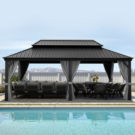 Patioslife Luxury Haven Pergola da Giardino in Alluminio con Tetto Doppio Ventilato, Colonne 120×120 mm, Grondaie e Tende – Ideale per Cortile e Giardino