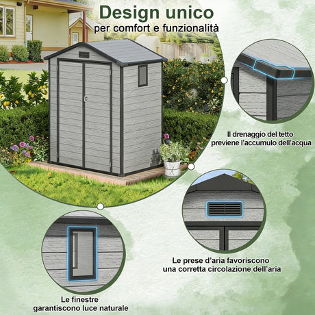 Patioslife YardVault Casetta da Giardino in Resina con Pavimento Impermeabile, Finestra e Porta con Serratura – Shed da Giardino Esterno, Protezione per Attrezzi e Giardino