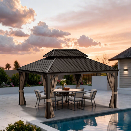 Patioslife Luxury Haven Pergola da Giardino in Alluminio con Tetto Doppio Ventilato, Colonne 120×120 mm, Grondaie e Tende – Ideale per Cortile e Giardino