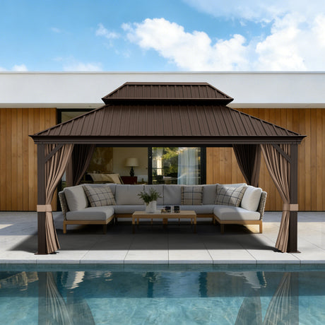Patioslife Luxury Haven Pergola da Giardino in Alluminio con Tetto Doppio Ventilato, Colonne 120×120 mm, Grondaie e Tende – Ideale per Cortile e Giardino