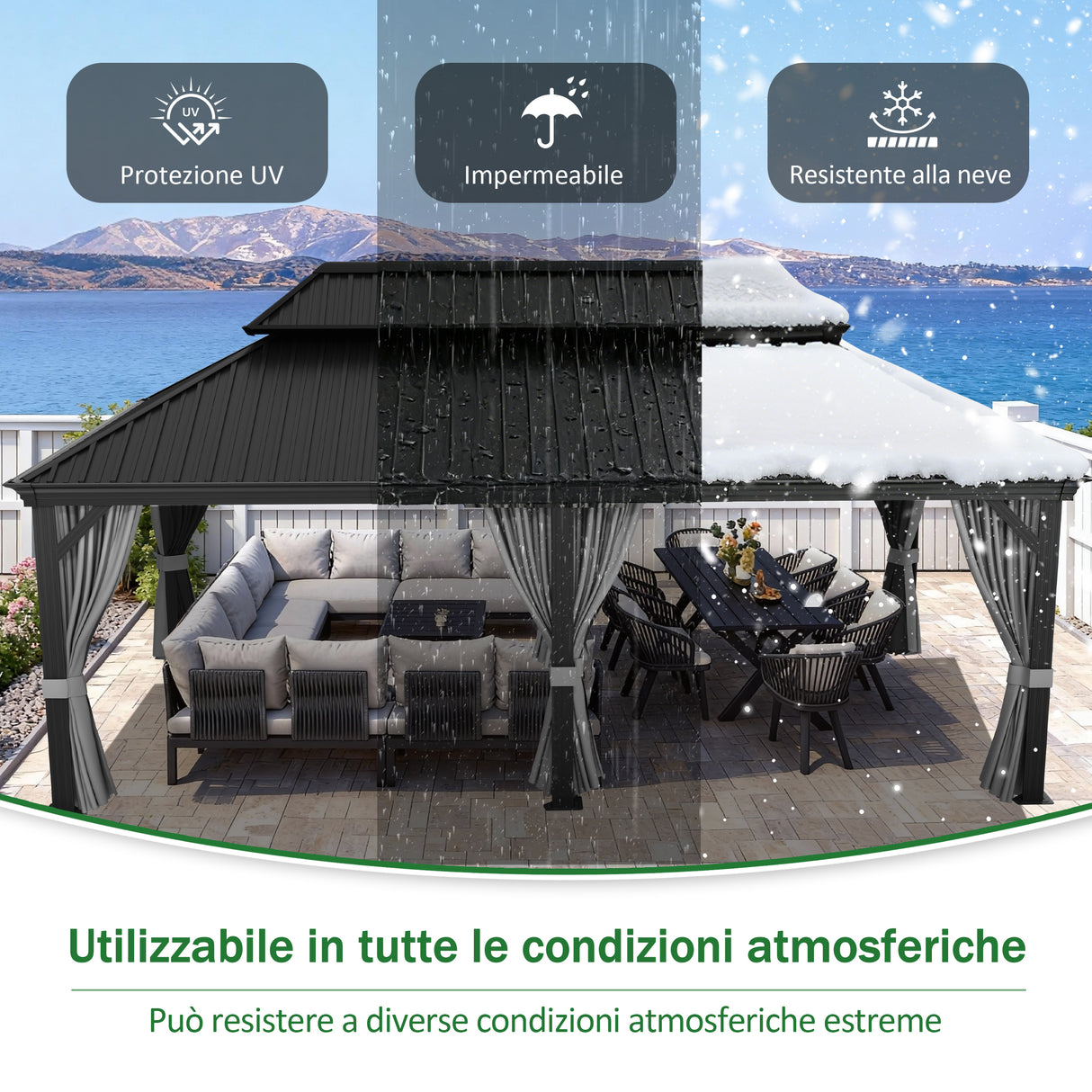 Patioslife Luxury Haven Gazebo da Giardino in Alluminio con Tetto Doppio Ventilato, Grondaie per il Draining, Colonne da 120×120 mm e Tende – Gazebo da Esterno Popolare per Cortile e Giardino