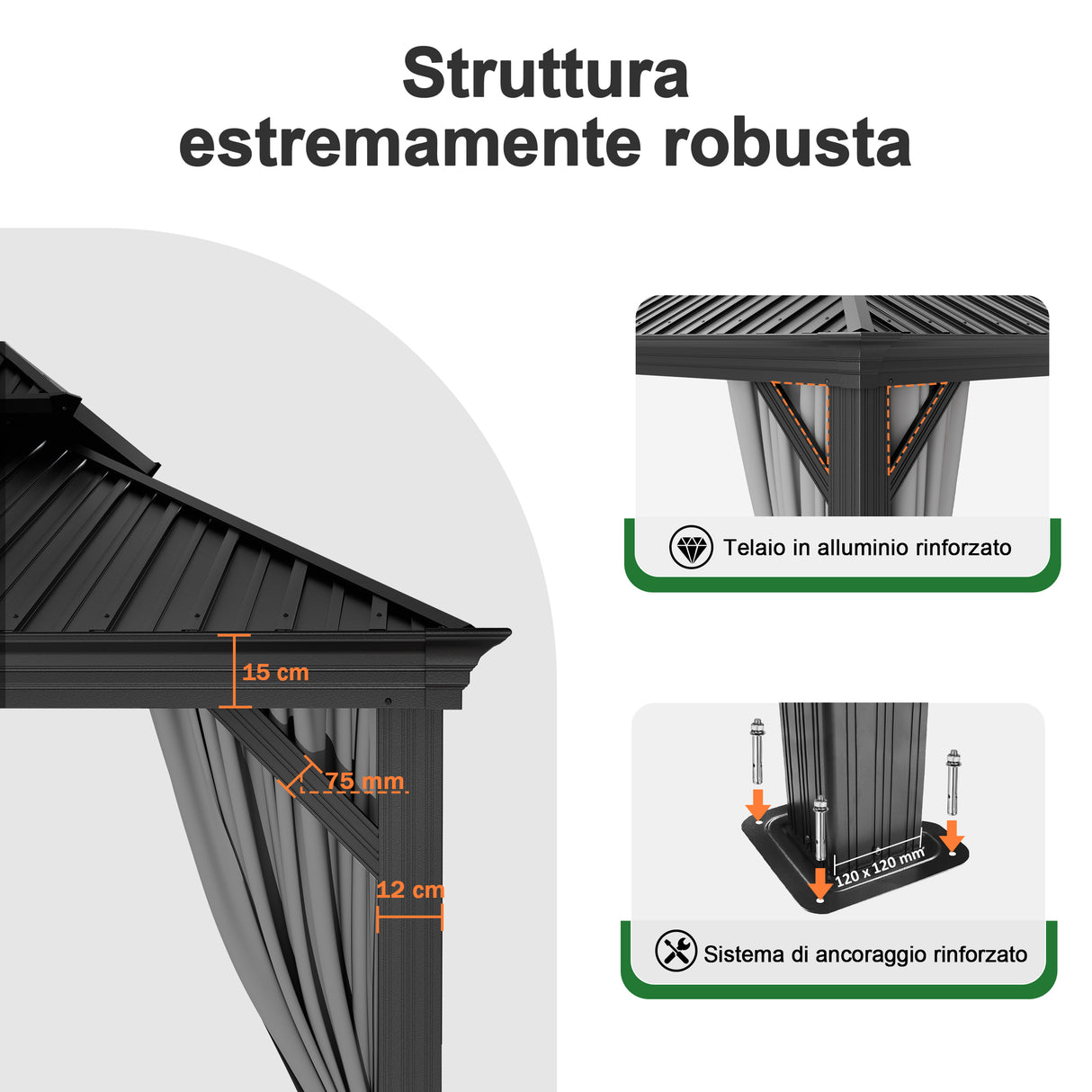 Patioslife Luxury Haven Gazebo da Giardino in Alluminio con Tetto Doppio Ventilato, Grondaie per il Draining, Colonne da 120×120 mm e Tende – Gazebo da Esterno Popolare per Cortile e Giardino