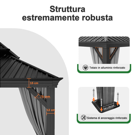 Patioslife Luxury Haven Gazebo da Giardino in Alluminio con Tetto Doppio Ventilato, Grondaie per il Draining, Colonne da 120×120 mm e Tende – Gazebo da Esterno Popolare per Cortile e Giardino