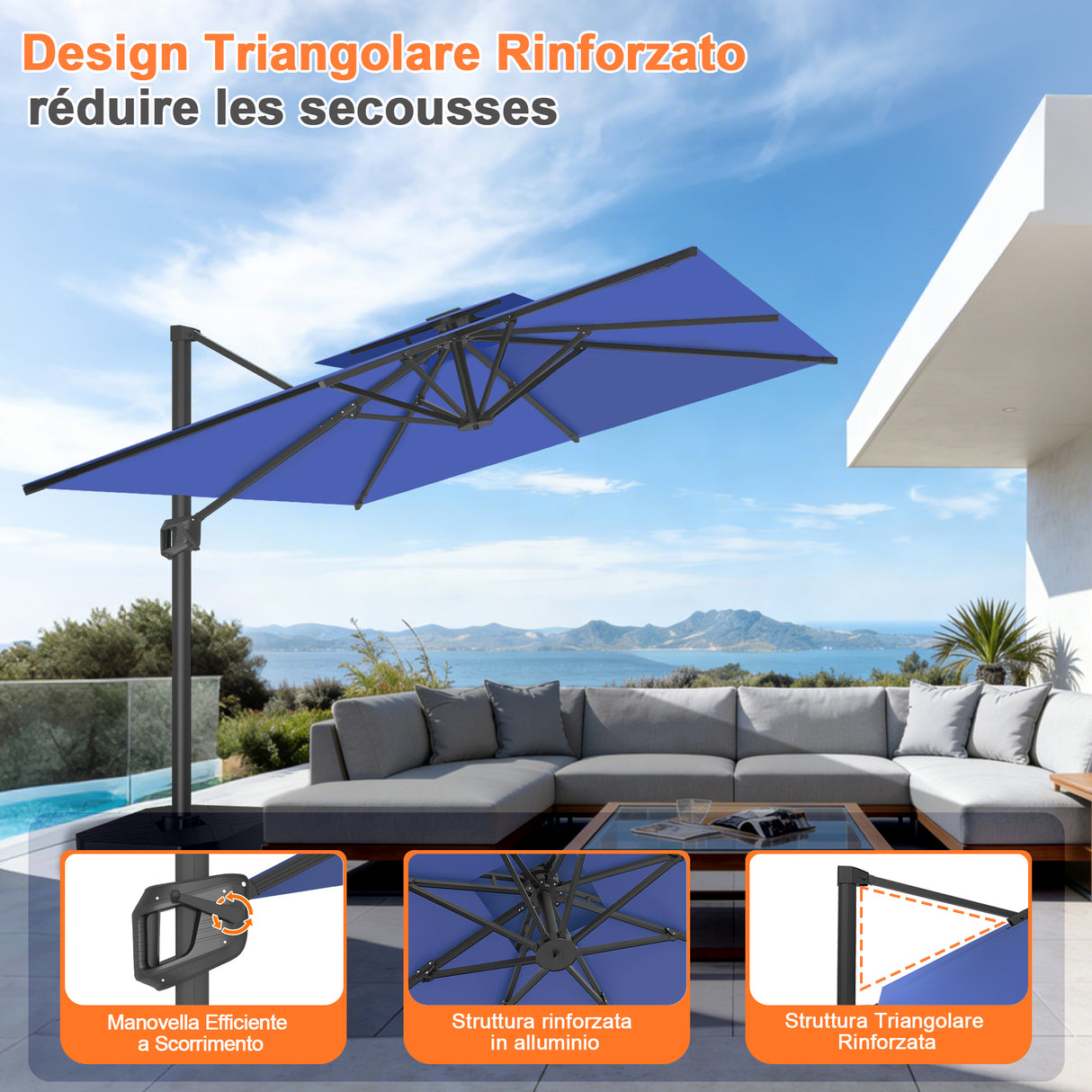 Patioslife Aegis Pro™ Ombrellone a Braccio con Base Incrociata, Struttura Robusta e Palo in Alluminio Verniciato a Polvere – Ombrellone da Giardino e Patio per Esterni