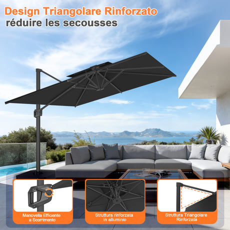 Patioslife Aegis Pro™ Ombrellone a Braccio con Base Incrociata, Struttura Robusta e Palo in Alluminio Verniciato a Polvere – Ombrellone da Giardino e Patio per Esterni