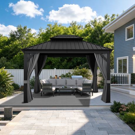 Patioslife Luxury Haven Pergola da Giardino in Alluminio con Tetto Doppio Ventilato, Colonne 120×120 mm, Grondaie e Tende – Ideale per Cortile e Giardino