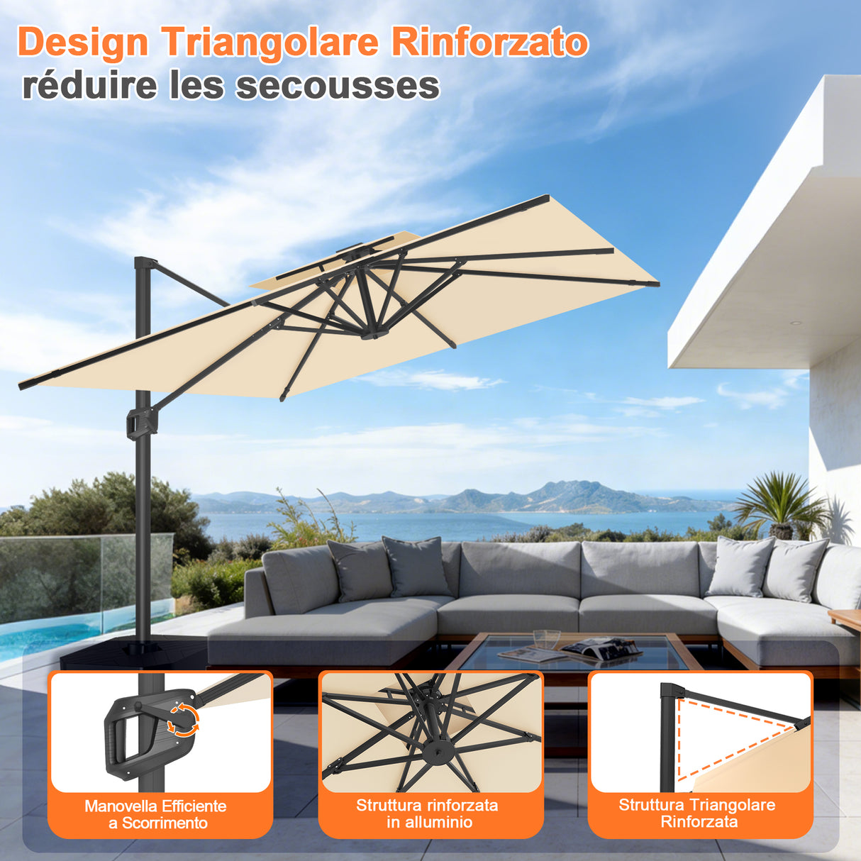Patioslife Aegis Pro™ Ombrellone a Braccio con Base Incrociata, Struttura Robusta e Palo in Alluminio Verniciato a Polvere – Ombrellone da Giardino e Patio per Esterni