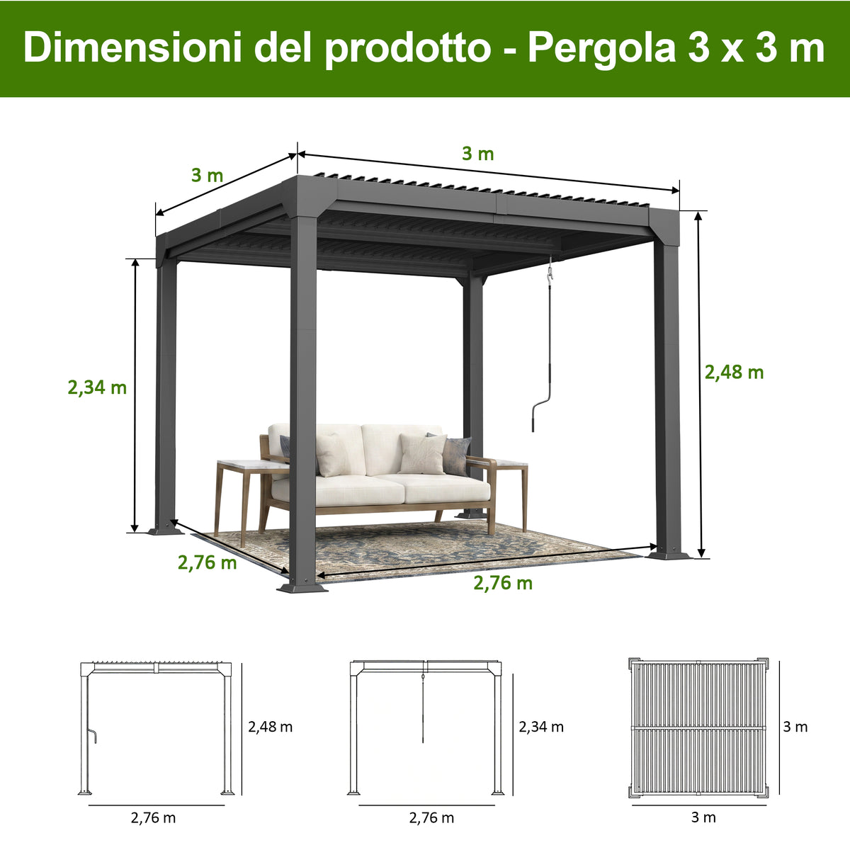 Patioslife Atlantic – Pergola bioclimatica autoportante in alluminio con tetto a lamelle orientabili, ideale per giardino, terrazza e piscina