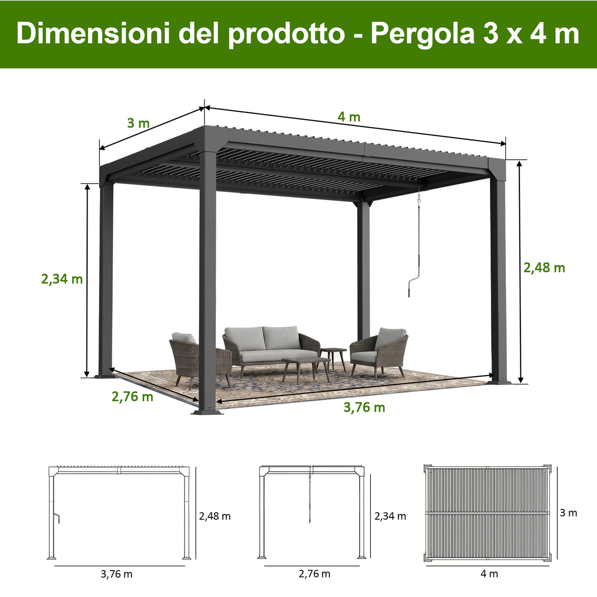 Patioslife Atlantic – Pergola bioclimatica autoportante in alluminio con tetto a lamelle orientabili, ideale per giardino, terrazza e piscina