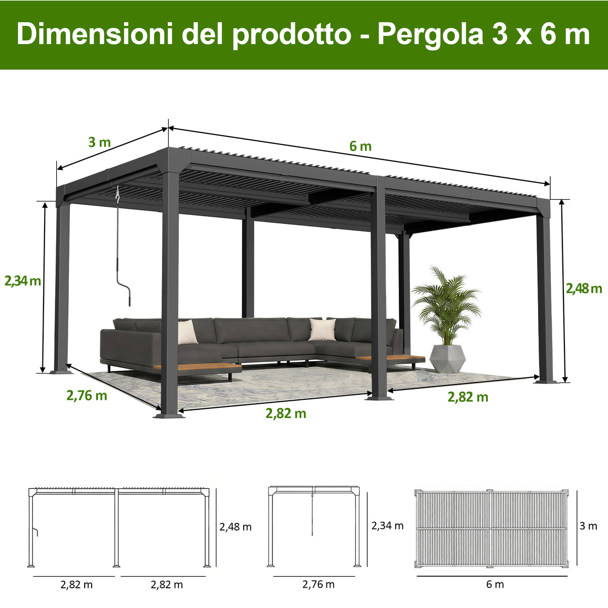 Patioslife Atlantic – Pergola bioclimatica autoportante in alluminio con tetto a lamelle orientabili, ideale per giardino, terrazza e piscina