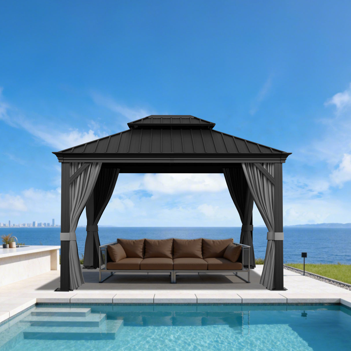 Patioslife Luxury Haven Pergola da Giardino in Alluminio con Tetto Doppio Ventilato, Colonne 120×120 mm, Grondaie e Tende – Ideale per Cortile e Giardino