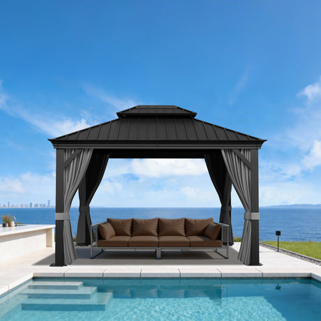 Patioslife Luxury Haven Pergola da Giardino in Alluminio con Tetto Doppio Ventilato, Colonne 120×120 mm, Grondaie e Tende – Ideale per Cortile e Giardino