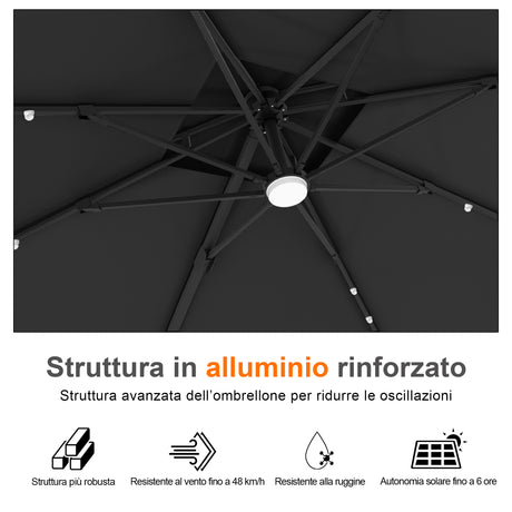Patioslife Aegis Pro Ombrellone a Braccio con Luci LED, Struttura in Alluminio Rinforzato e Verniciato a Polvere — Ombrellone da Giardino e Patio per Esterni