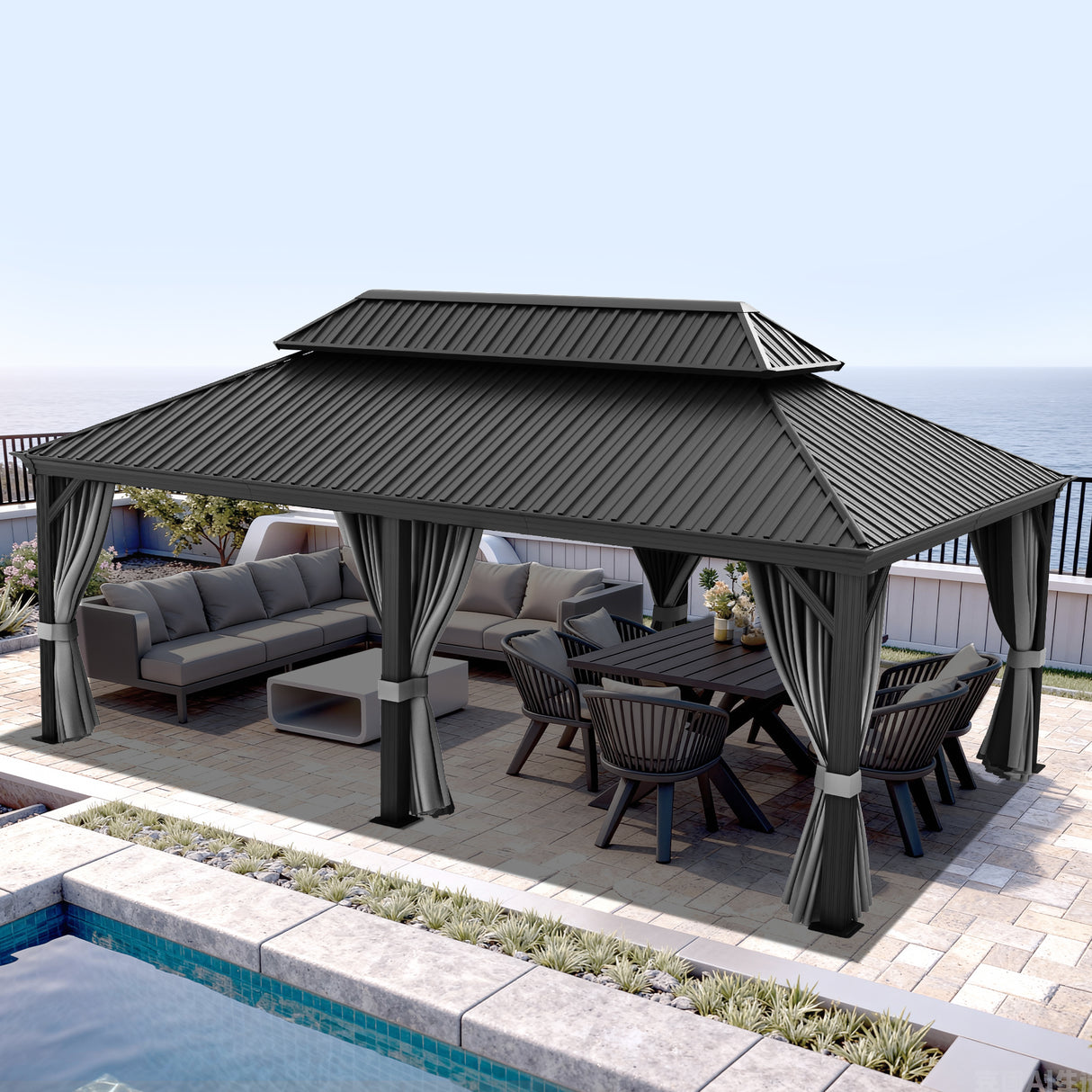 Patioslife Luxury Haven Pergola da Giardino in Alluminio con Tetto Doppio Ventilato, Colonne 120×120 mm, Grondaie e Tende – Ideale per Cortile e Giardino