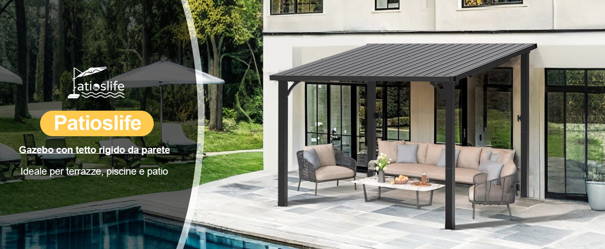 Patioslife Haven Gazebo da Giardino a Tetto Rigido Montato a Parete in Alluminio, Pergola Resistente per Giardino, Cortile o Terrazza, Tetto per Esterni