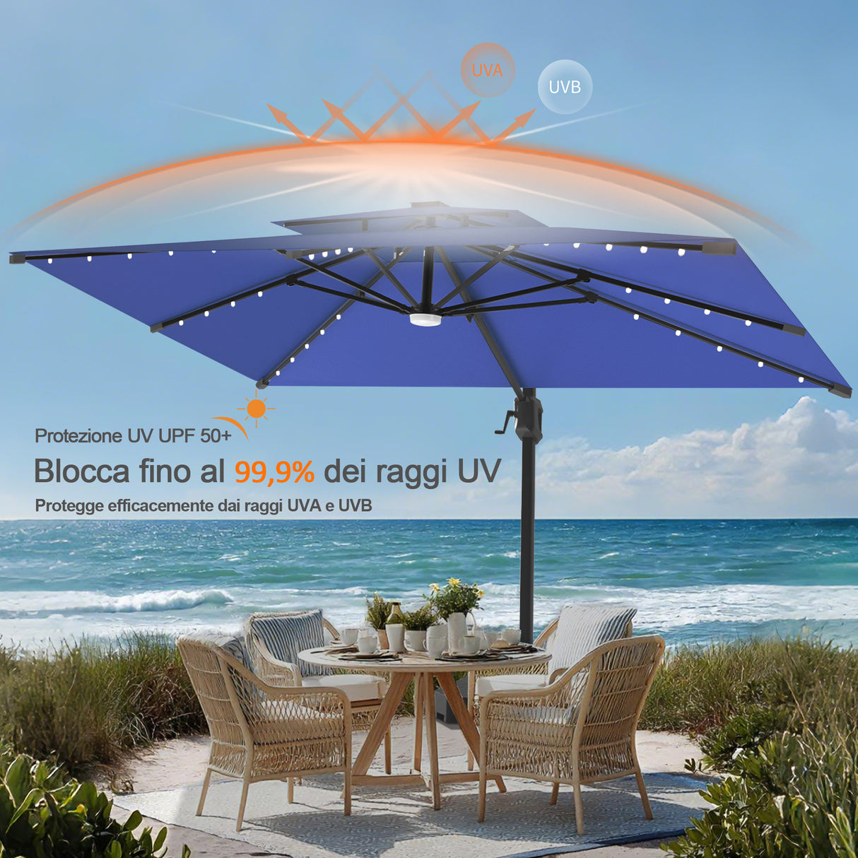 Patioslife Aegis Pro Ombrellone a Braccio con Luci LED, Struttura in Alluminio Rinforzato e Verniciato a Polvere — Ombrellone da Giardino e Patio per Esterni