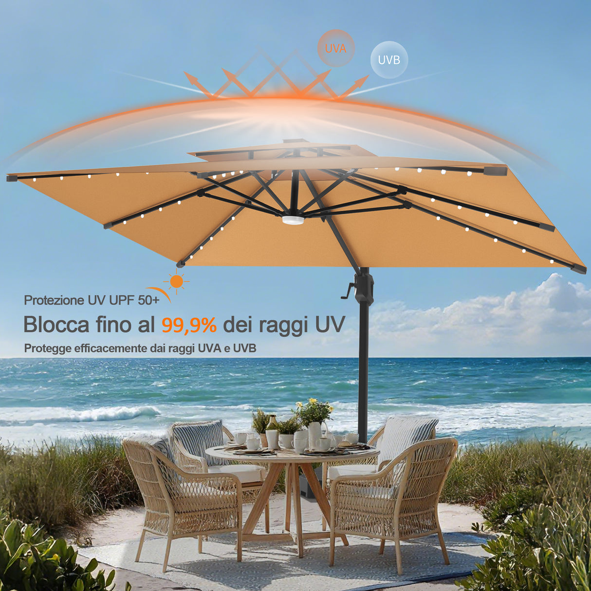 Patioslife Aegis Pro Ombrellone a Braccio con Luci LED, Struttura in Alluminio Rinforzato e Verniciato a Polvere — Ombrellone da Giardino e Patio per Esterni