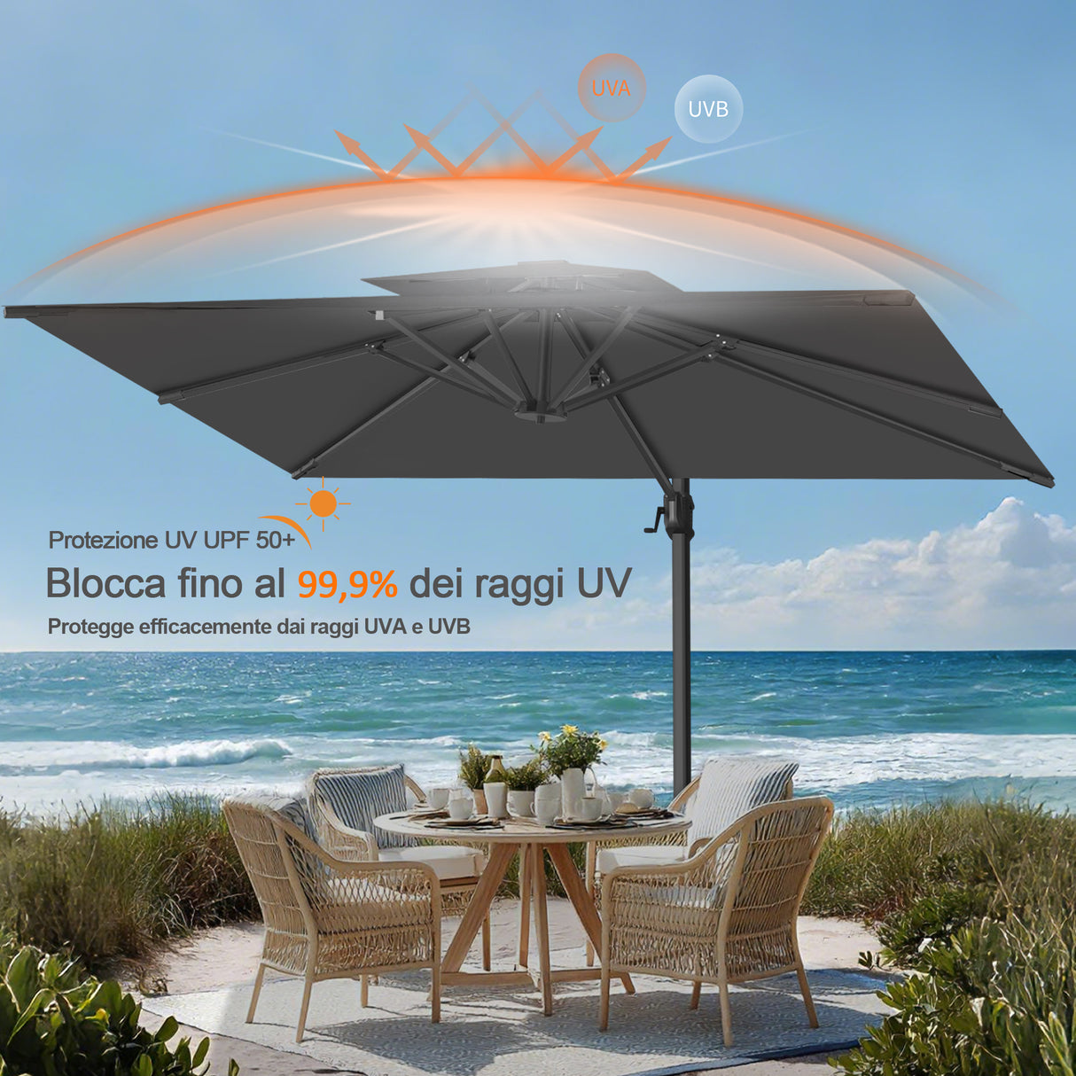 Patioslife Aegis Pro™ Ombrellone a Braccio con Base Incrociata, Struttura Robusta e Palo in Alluminio Verniciato a Polvere – Ombrellone da Giardino e Patio per Esterni