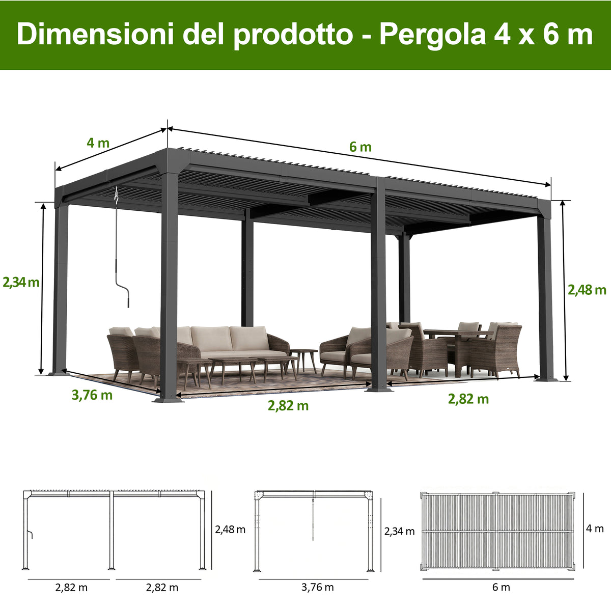 Patioslife Atlantic – Pergola bioclimatica autoportante in alluminio con tetto a lamelle orientabili, ideale per giardino, terrazza e piscina
