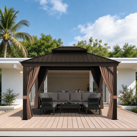 Patioslife Luxury Haven Pergola da Giardino in Alluminio con Tetto Doppio Ventilato, Colonne 120×120 mm, Grondaie e Tende – Ideale per Cortile e Giardino