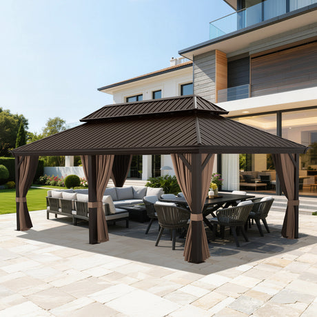Patioslife Luxury Haven Pergola da Giardino in Alluminio con Tetto Doppio Ventilato, Colonne 120×120 mm, Grondaie e Tende – Ideale per Cortile e Giardino