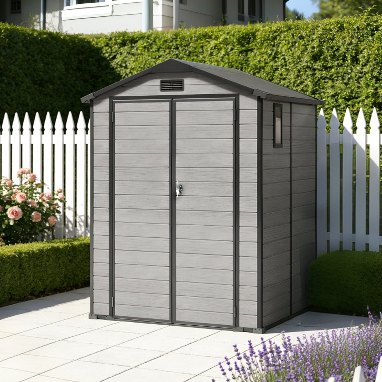 Patioslife YardVault Casetta da Giardino in Resina con Pavimento Impermeabile, Finestra e Porta con Serratura – Shed da Giardino Esterno, Protezione per Attrezzi e Giardino