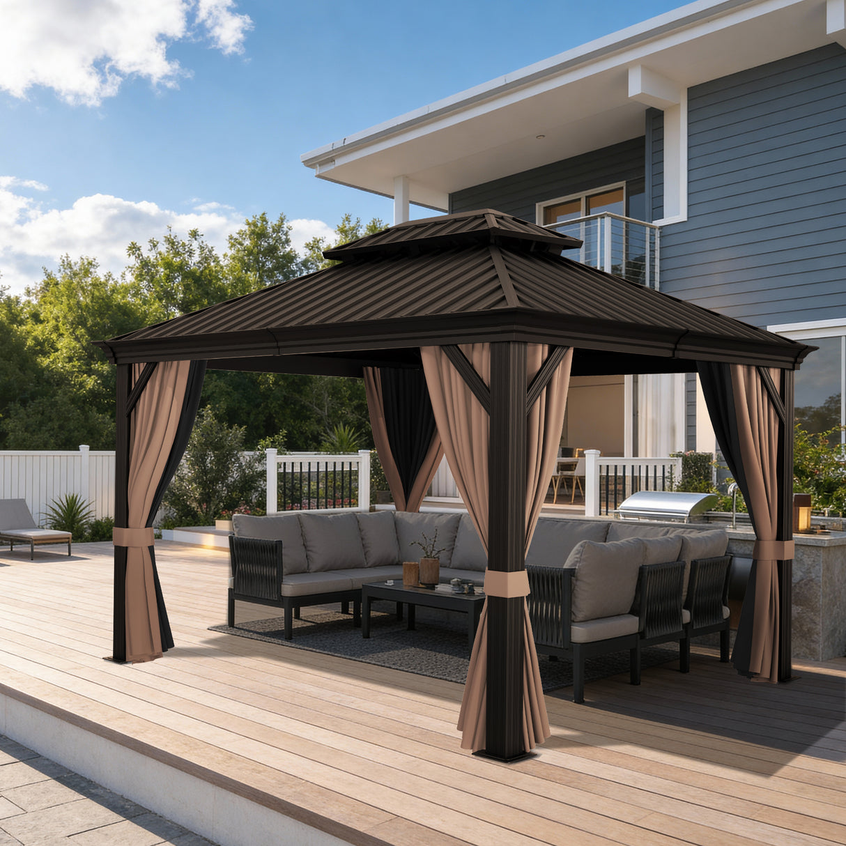 Patioslife Luxury Haven Pergola da Giardino in Alluminio con Tetto Doppio Ventilato, Colonne 120×120 mm, Grondaie e Tende – Ideale per Cortile e Giardino