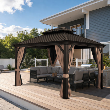 Patioslife Luxury Haven Pergola da Giardino in Alluminio con Tetto Doppio Ventilato, Colonne 120×120 mm, Grondaie e Tende – Ideale per Cortile e Giardino