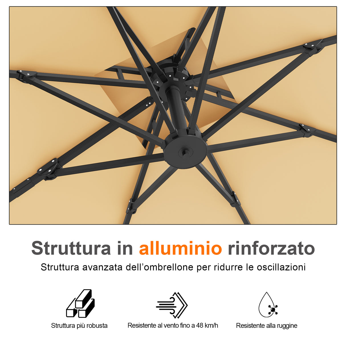 Patioslife Aegis Pro™ Ombrellone a Braccio con Base Incrociata, Struttura Robusta e Palo in Alluminio Verniciato a Polvere – Ombrellone da Giardino e Patio per Esterni