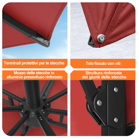 Patioslife Aegis Premium Ombrellone a Braccio con Luci LED a Striscia su Tutte le Stecche, Stecche in Fibra di Vetro, Palo in Alluminio Verniciato a Polvere e Copertura Protettiva – Ombrellone da Giardino e Patio di Lusso per Esterni