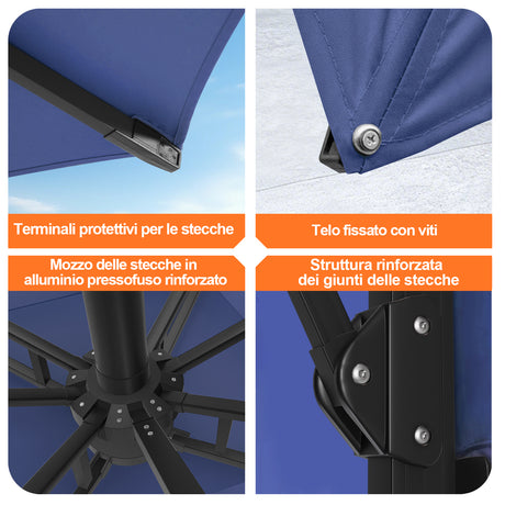 Patioslife Aegis Premium Ombrellone a Braccio con Luci LED a Striscia su Tutte le Stecche, Stecche in Fibra di Vetro, Palo in Alluminio Verniciato a Polvere e Copertura Protettiva – Ombrellone da Giardino e Patio di Lusso per Esterni