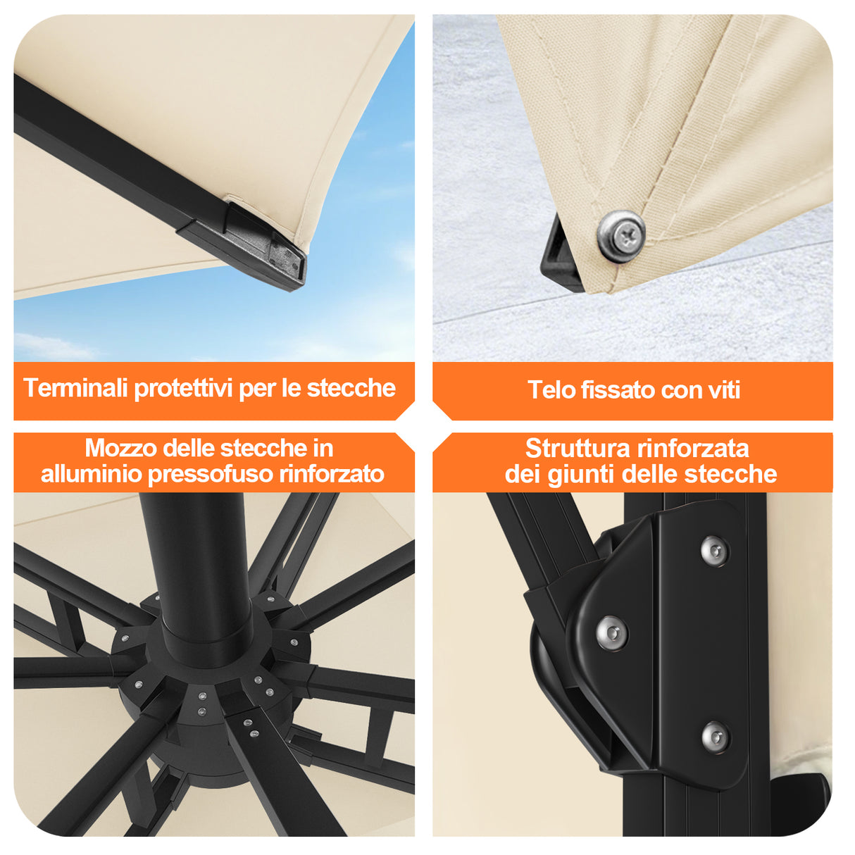 Patioslife Aegis Premium Ombrellone a Braccio con Luci LED a Striscia su Tutte le Stecche, Stecche in Fibra di Vetro, Palo in Alluminio Verniciato a Polvere e Copertura Protettiva – Ombrellone da Giardino e Patio di Lusso per Esterni