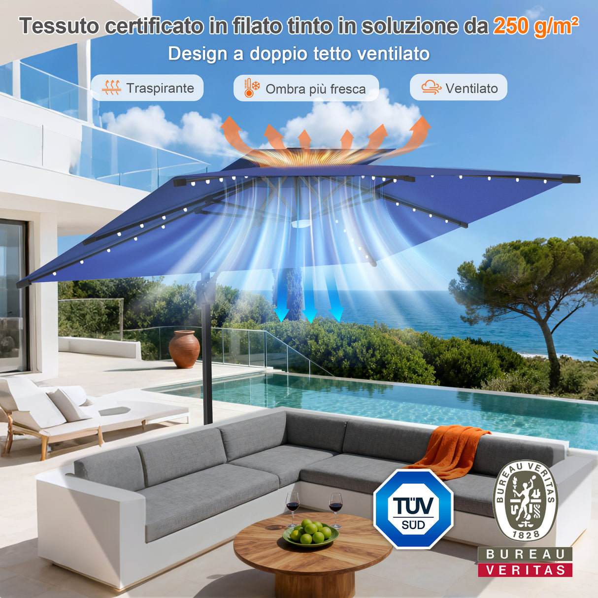 Patioslife Aegis Pro Ombrellone a Braccio con Luci LED, Struttura in Alluminio Rinforzato e Verniciato a Polvere — Ombrellone da Giardino e Patio per Esterni