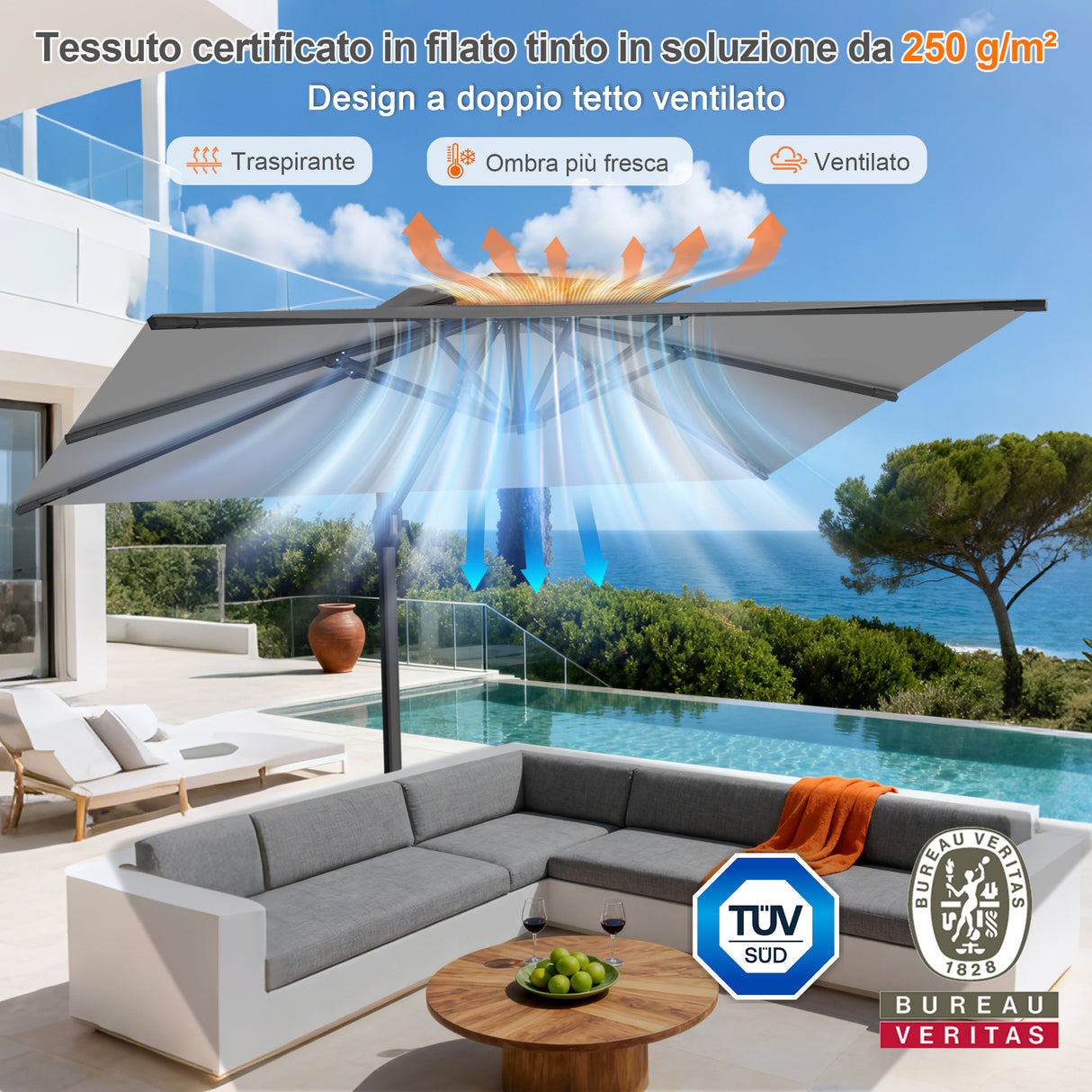 Patioslife Aegis Pro™ Ombrellone a Braccio con Base Incrociata, Struttura Robusta e Palo in Alluminio Verniciato a Polvere – Ombrellone da Giardino e Patio per Esterni