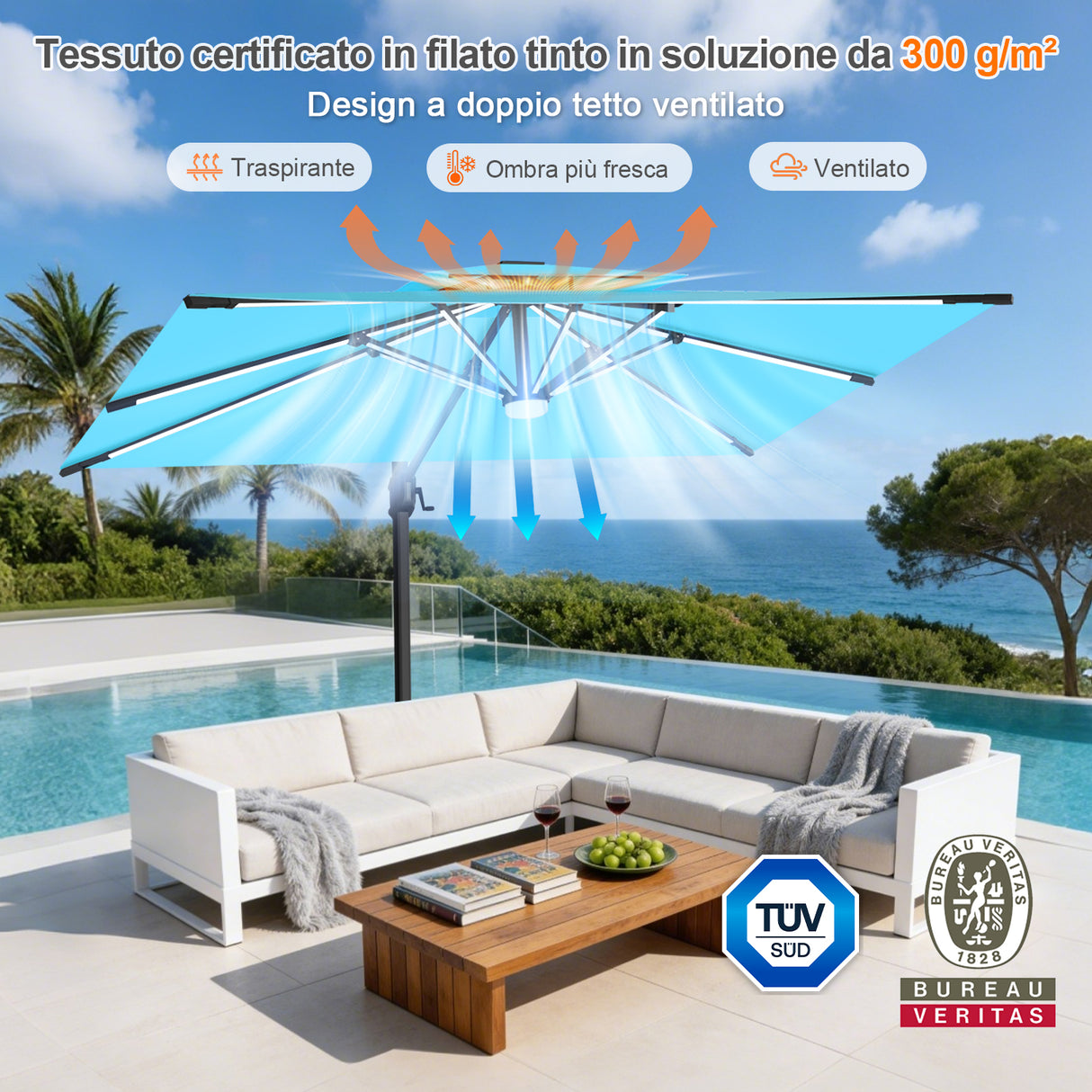 Patioslife Aegis Premium Ombrellone a Braccio con Luci LED a Striscia su Tutte le Stecche, Stecche in Fibra di Vetro, Palo in Alluminio Verniciato a Polvere e Copertura Protettiva – Ombrellone da Giardino e Patio di Lusso per Esterni
