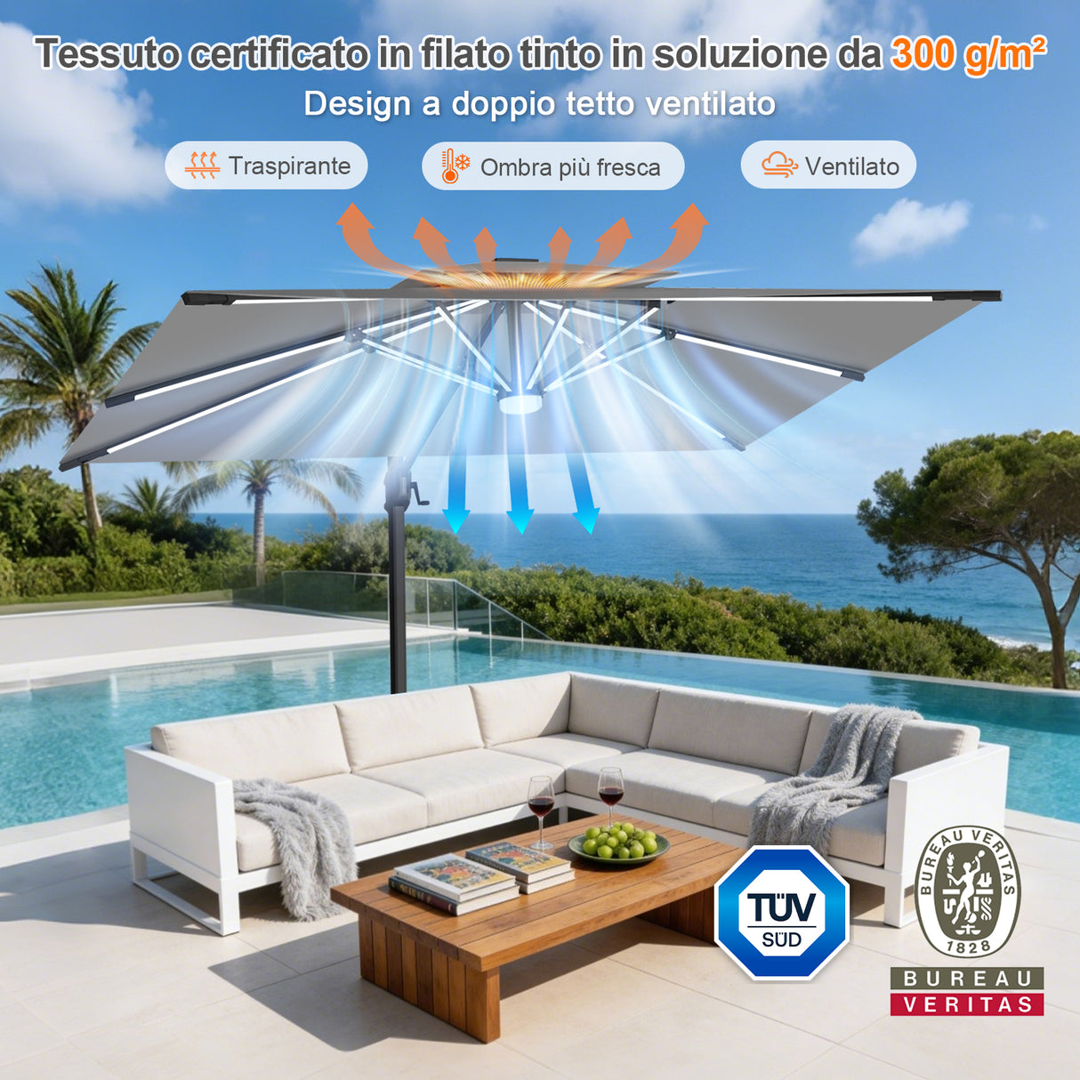 Patioslife Aegis Premium Ombrellone a Braccio con Luci LED a Striscia su Tutte le Stecche, Stecche in Fibra di Vetro, Palo in Alluminio Verniciato a Polvere e Copertura Protettiva – Ombrellone da Giardino e Patio di Lusso per Esterni