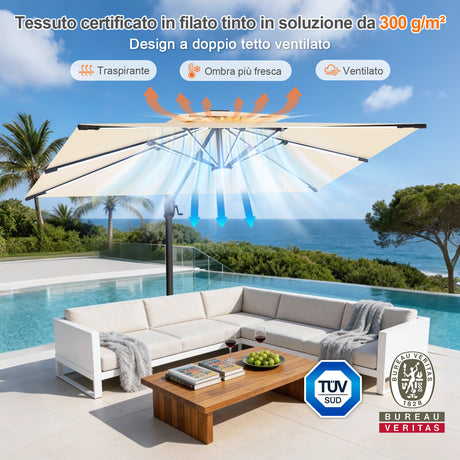 Patioslife Aegis Premium Ombrellone a Braccio con Luci LED a Striscia su Tutte le Stecche, Stecche in Fibra di Vetro, Palo in Alluminio Verniciato a Polvere e Copertura Protettiva – Ombrellone da Giardino e Patio di Lusso per Esterni
