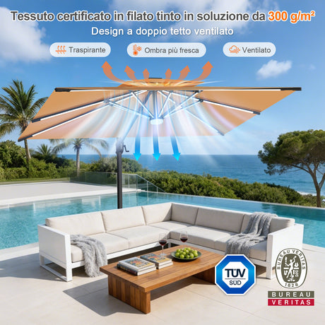 Patioslife Aegis Premium Ombrellone a Braccio con Luci LED a Striscia su Tutte le Stecche, Stecche in Fibra di Vetro, Palo in Alluminio Verniciato a Polvere e Copertura Protettiva – Ombrellone da Giardino e Patio di Lusso per Esterni